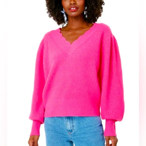 LoveShackFancy Sweaters - LoveShackFancy Celestina V-Neck Sweater in Hot Pink Cashmere and Wool